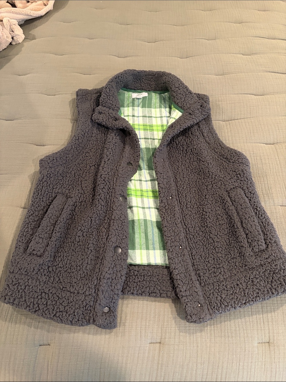 Aerie Cozy Sherpa Vest with Green Plaid Lining